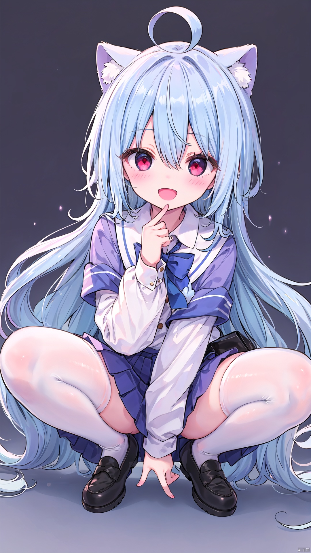 1girl,  :d,  ahoge,  bangs,  blue hair,  blue skirt,  blush,  bow,  collared shirt,  eyebrows visible through hair,  hair between eyes,  loafers,  long hair,  long sleeves,  looking at viewer,  open mouth,  pleated skirt,  red eyes,  school uniform,  shirt,  shoes,  silver hair,  simple background,  skirt,  smile,  solo,  squatting,  thighhighs,  very long hair,  weapon,  white legwear,  white shirt