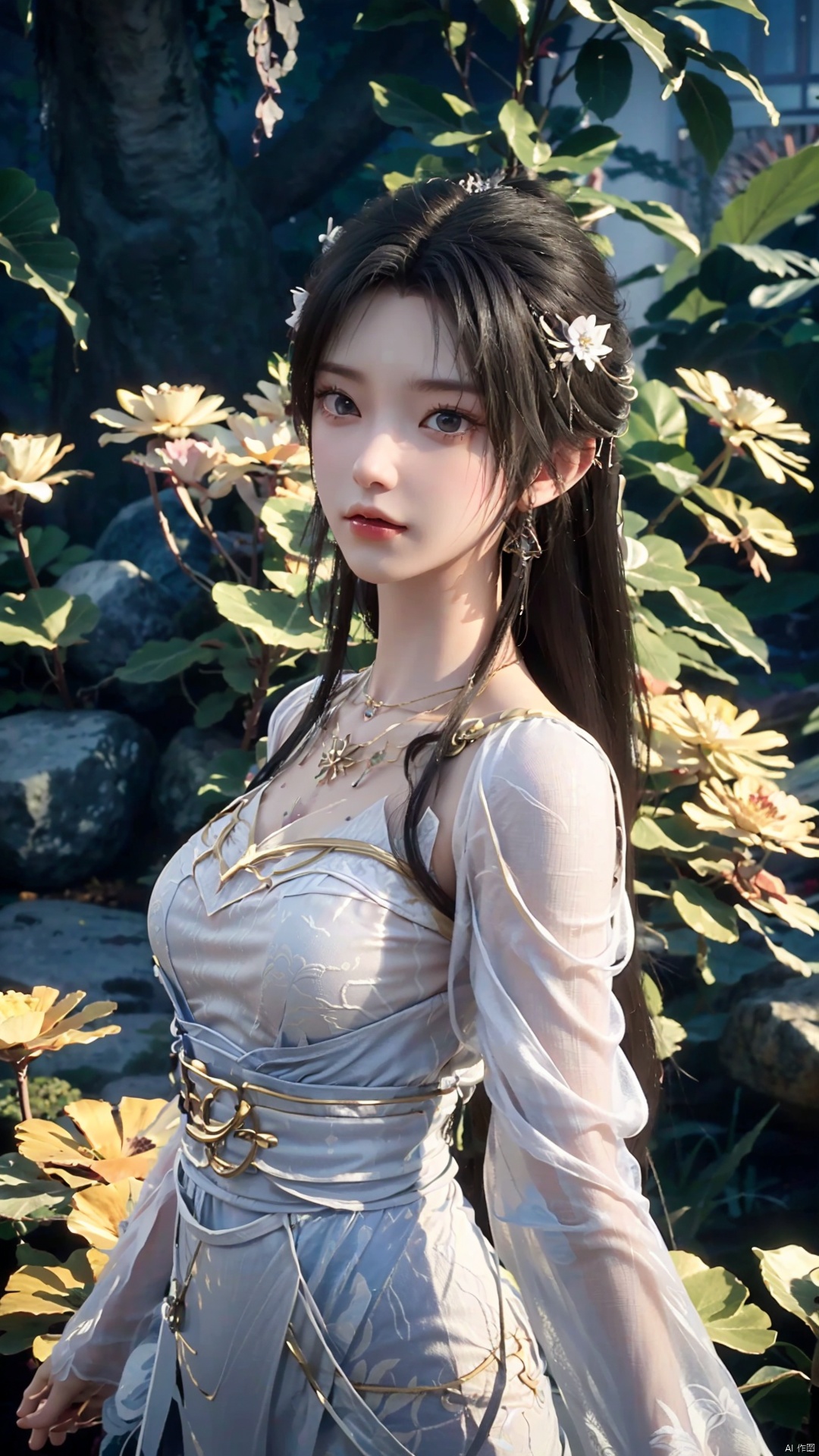  masterpiece,best quality,1girl, hair ornament, solo, jewelry, earrings, long hair, black hair, naked, forehead mark, facial mark, flower, blurry background, cowboy shot, dynamic pose, dynamic angle,
