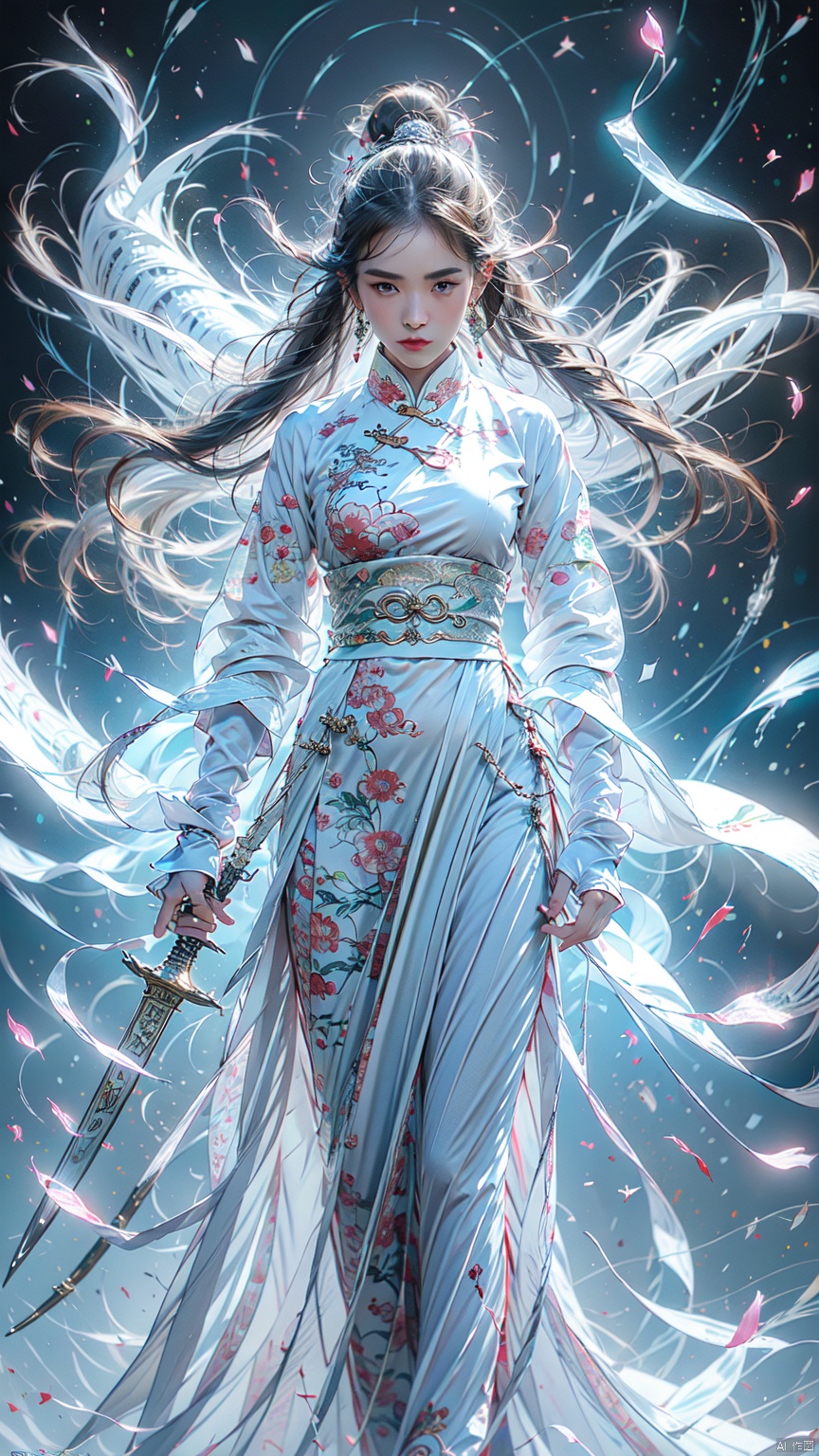 1 girl, solo, female focal point, (Hanfu) (kimono) (skirt), long hair, (Chinese clothing) (bright picture) red lips, bangs, earrings, kimono, Chinese cardigan, print, tassels, (facing up) (Zhengguang), sword (straight sword)
Elemental Whirlwind, Chinese Dragon_ Imagination__ Cloud winding_ Huoyun_ Dragon, Chinese architecture.
(Masterpiece), (very detailed CG Unity 8K wallpaper), the best quality, high-resolution illustrations, stunning, highlights, (best lighting, best shadows, a very exquisite and beautiful), (enhanced)·