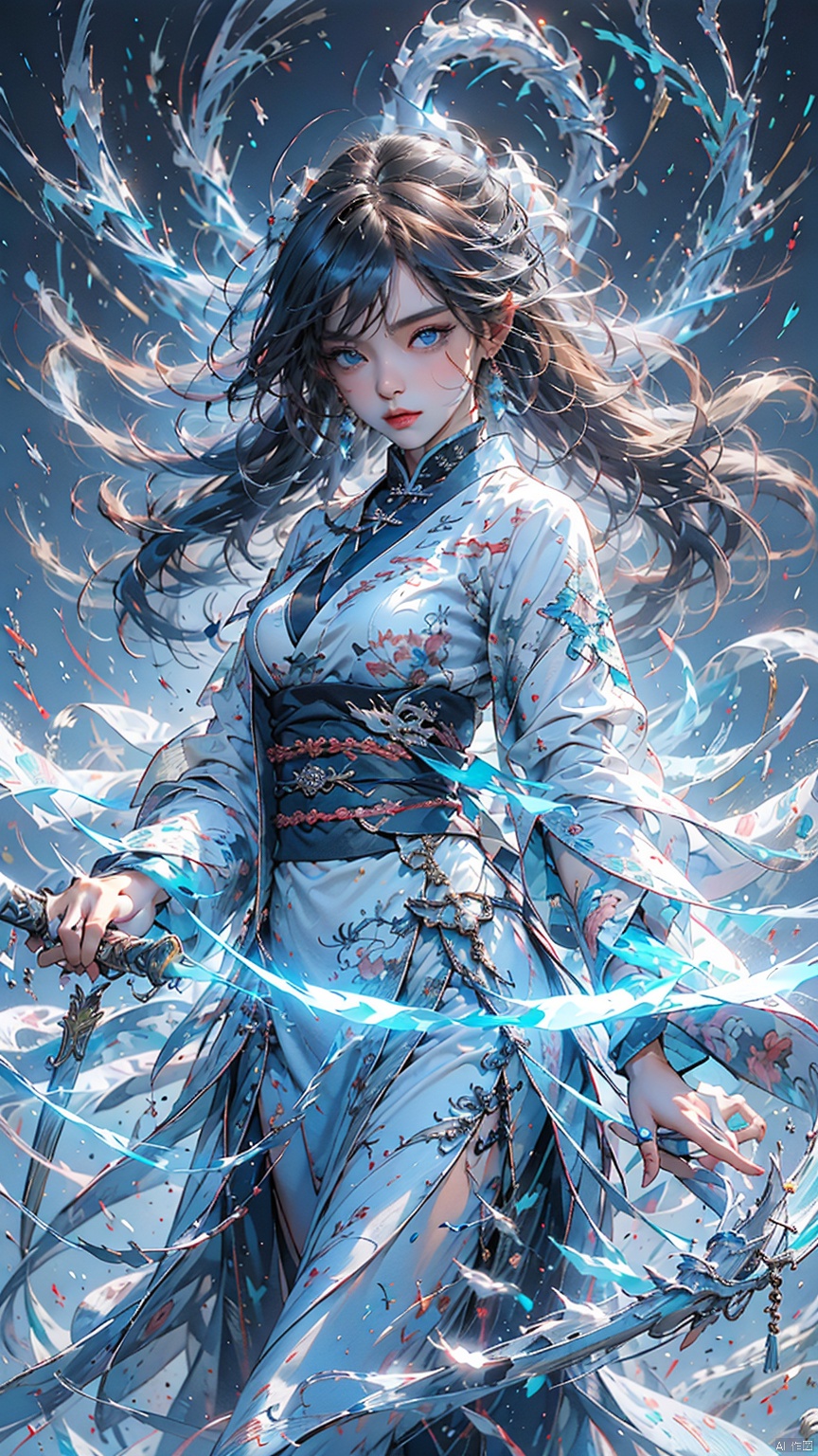 1 girl, solo, female focal point, (Hanfu) (kimono) (skirt), blue long hair, (Chinese clothing) (blue eyes) (bright pictures), red lips, bangs, earrings, kimono, Chinese cardigan, print, tassels, (facing up) (front light), sword (straight sword)
Elemental Whirlwind, Chinese Dragon_ Imagination__ Cloud winding_ Huoyun_ Dragon, Chinese architecture.
(Masterpiece), (very detailed CG Unity 8K wallpaper), the best quality, high-resolution illustrations, stunning, highlights, (best lighting, best shadows, a very exquisite and beautiful), (enhanced)·, 1girl, Light-electric style