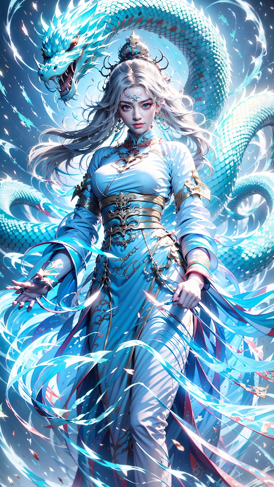 1 Girl, Ancient Chinese Hanfu, White Hair, Sword Holding, Long Sleeve, Dynamic Pose, Ancient Chinese Architecture, Giant White Snake, Energy Storm, Watching Audience, Female Focus, Outdoors, Standing, Snake