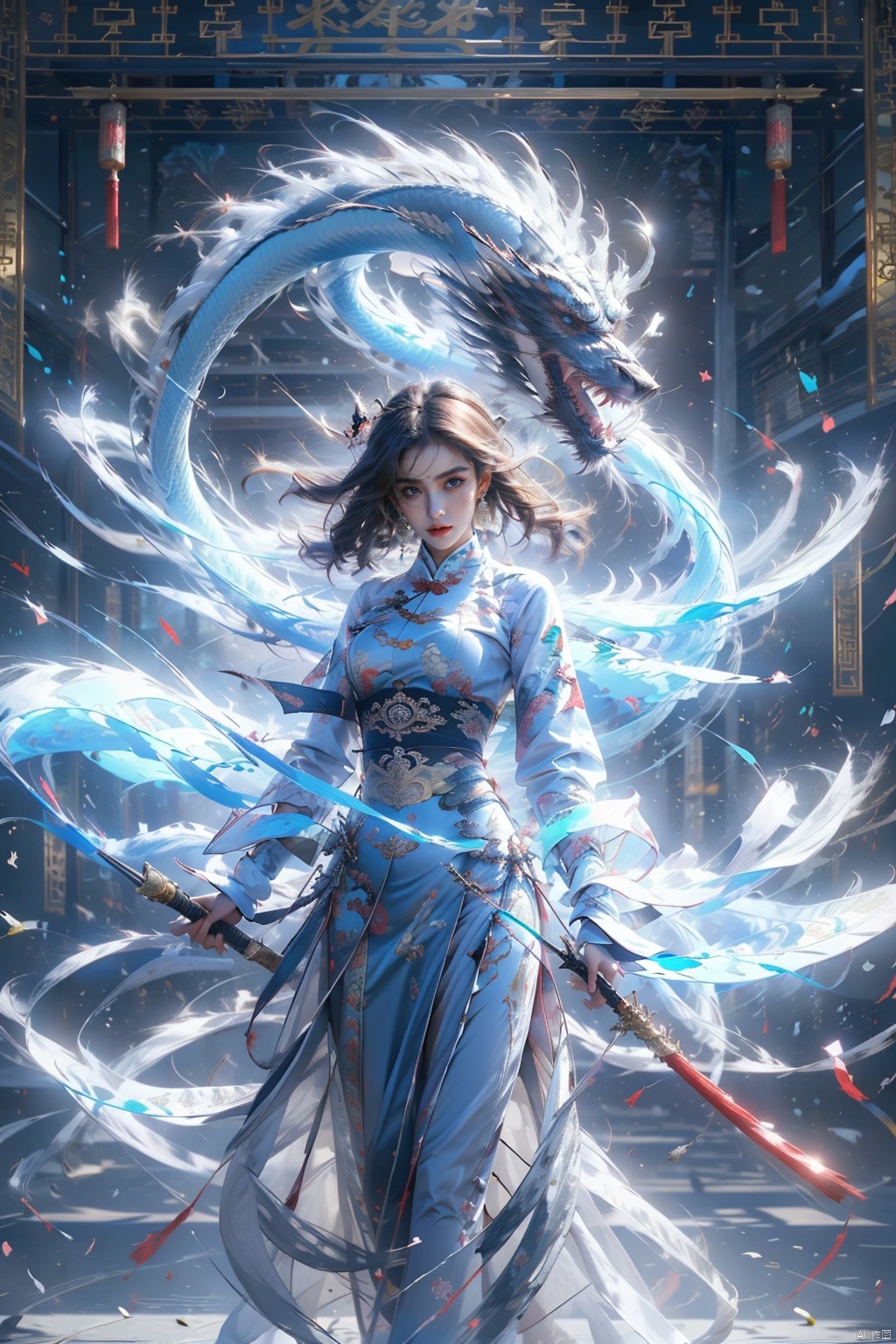 1 girl, solo, (upper body) female focal point, (Hanfu) (kimono) (skirt), blue long hair, (Chinese clothing) (blue eyes) (bright pictures) red lips, bangs, earrings, kimono, Chinese cardigan, print, tassels, (front view) (front view), sword (straight sword)
Elemental Whirlwind, Chinese Dragon_ Imagination__ Cloud winding_ Huoyun_ Dragon, Chinese architecture.
(Masterpiece), (very detailed CG Unity 8K wallpaper), the best quality, high-resolution illustrations, stunning, highlights, (best lighting, best shadows, a very exquisite and beautiful), (enhanced)·