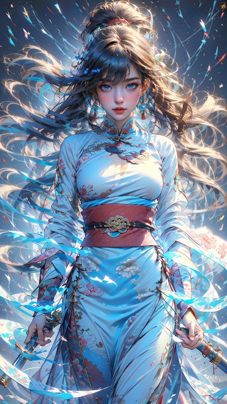  1 girl, solo, (upper body) female focal point, (Hanfu) (kimono) (skirt), blue long hair, (Chinese clothing) (blue eyes) (bright pictures) red lips, bangs, earrings, kimono, Chinese cardigan, print, tassels, (front view) (front view), sword (straight sword)
Elemental Whirlwind, Chinese Dragon_ Imagination__ Cloud winding_ Huoyun_ Dragon, Chinese architecture.
(Masterpiece), (very detailed CG Unity 8K wallpaper), the best quality, high-resolution illustrations, stunning, highlights, (best lighting, best shadows, a very exquisite and beautiful), (enhanced)·