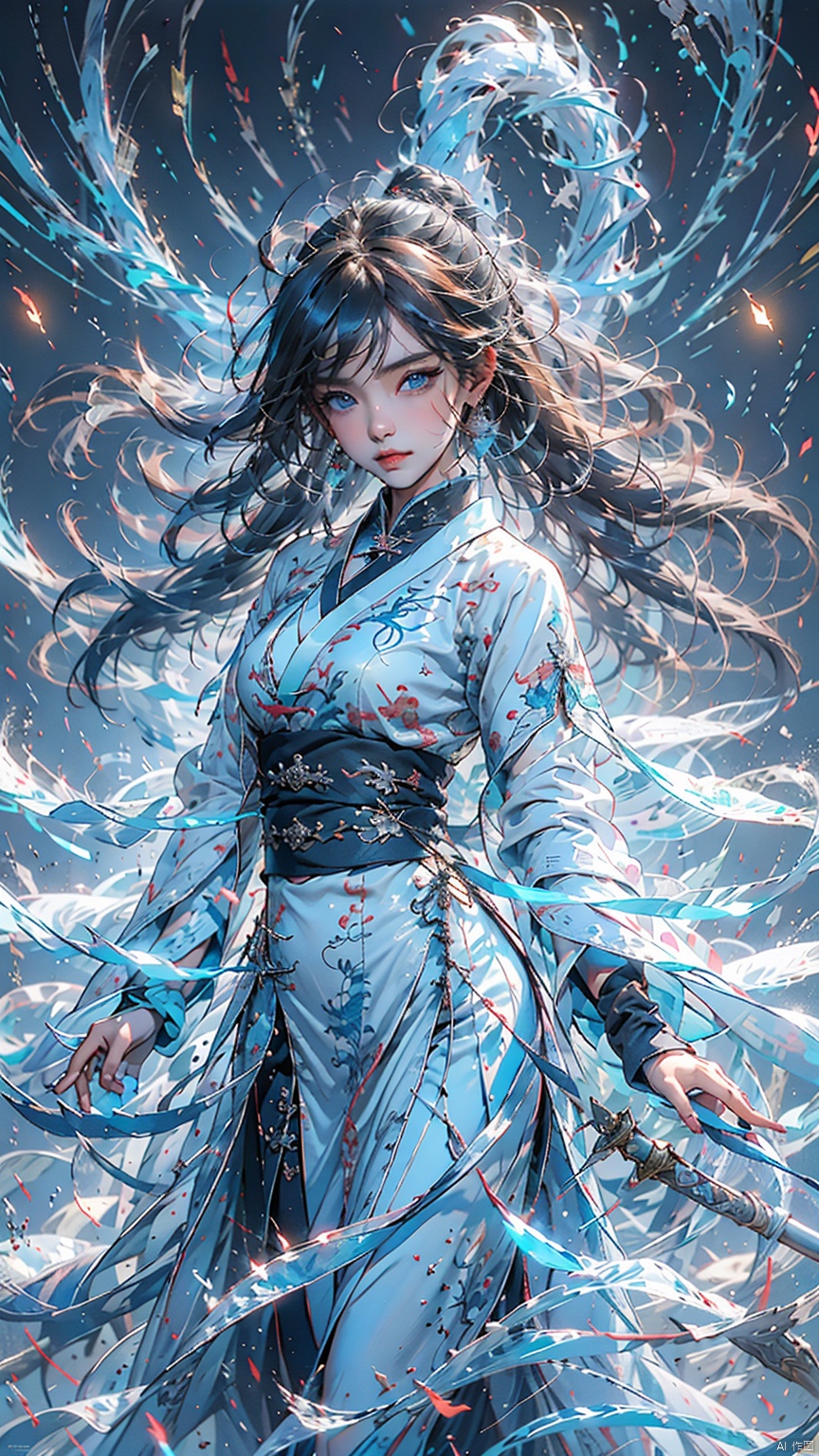 1 girl, solo, female focal point, (Hanfu) (kimono) (skirt), blue long hair, (Chinese clothing) (blue eyes) (bright pictures), red lips, bangs, earrings, kimono, Chinese cardigan, print, tassels, (facing up) (front light), sword (straight sword)
Elemental Whirlwind, Chinese Dragon_ Imagination__ Cloud winding_ Huoyun_ Dragon, Chinese architecture.
(Masterpiece), (very detailed CG Unity 8K wallpaper), the best quality, high-resolution illustrations, stunning, highlights, (best lighting, best shadows, a very exquisite and beautiful), (enhanced)·, 1girl, Light-electric style