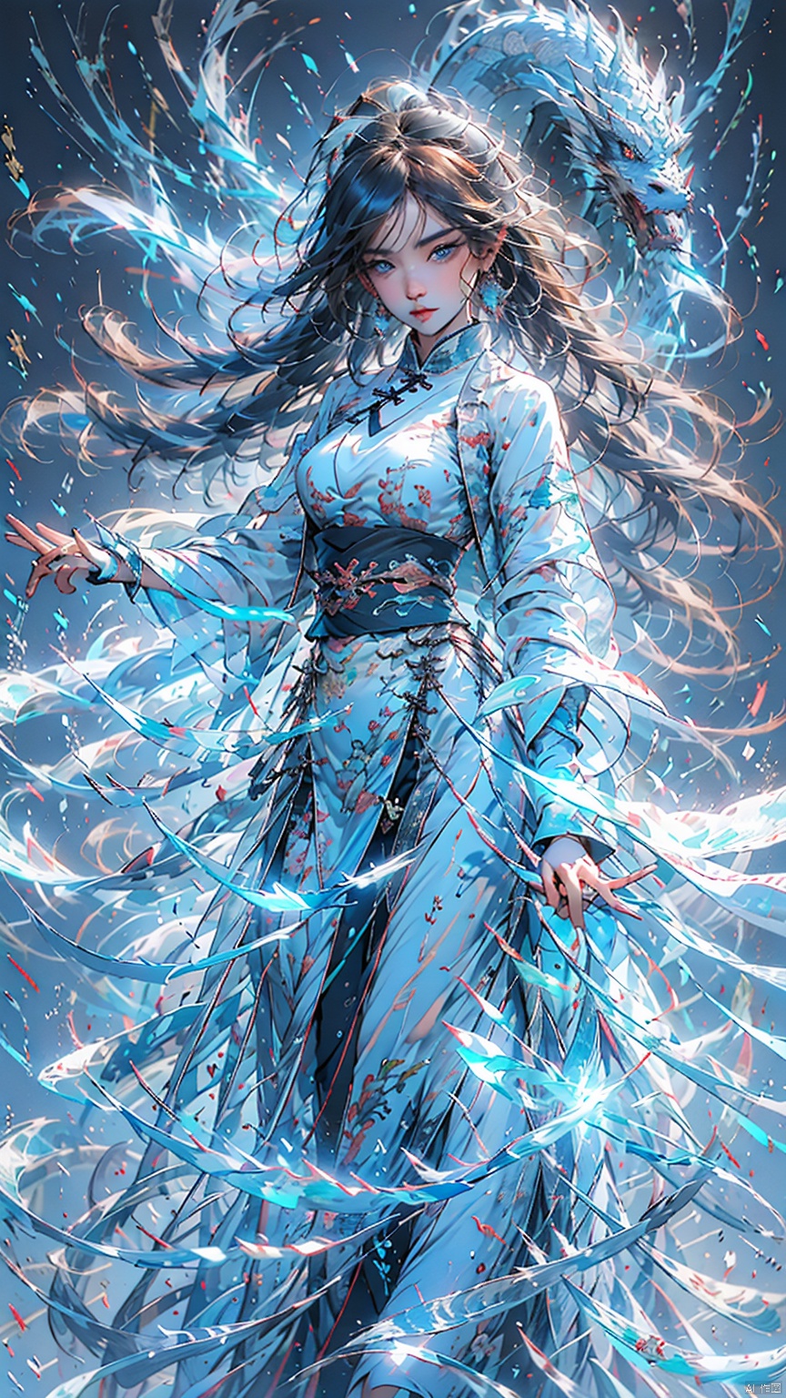 1 girl, solo, female focal point, (Hanfu) (kimono) (skirt), blue long hair, (Chinese clothing) (blue eyes) (bright pictures), red lips, bangs, earrings, kimono, Chinese cardigan, print, tassels, (facing up) (front light), sword (straight sword)
Elemental Whirlwind, Chinese Dragon_ Imagination__ Cloud winding_ Huoyun_ Dragon, Chinese architecture.
(Masterpiece), (very detailed CG Unity 8K wallpaper), the best quality, high-resolution illustrations, stunning, highlights, (best lighting, best shadows, a very exquisite and beautiful), (enhanced)·, 1girl, Light-electric style