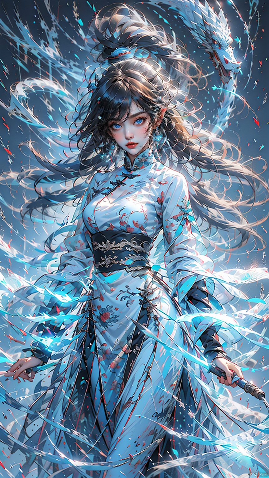 1 girl, solo, female focal point, (Hanfu) (kimono) (skirt), blue long hair, (Chinese clothing) (blue eyes) (bright pictures), red lips, bangs, earrings, kimono, Chinese cardigan, print, tassels, (facing up) (front light), sword (straight sword)
Elemental Whirlwind, Chinese Dragon_ Imagination__ Cloud winding_ Huoyun_ Dragon, Chinese architecture.
(Masterpiece), (very detailed CG Unity 8K wallpaper), the best quality, high-resolution illustrations, stunning, highlights, (best lighting, best shadows, a very exquisite and beautiful), (enhanced)·, 1girl, Light-electric style