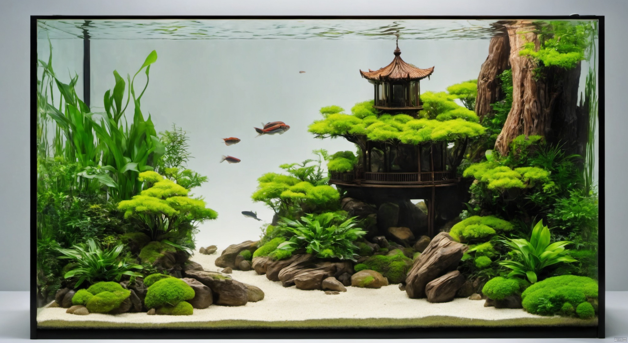  Micro landscape, lantern fish swimming in this space, wood,(lampfish: 1.5),there are many aquatic plants, plants and wood,((Best quality)),((Best quality)),((realistic)),((exterior view)),photo realistic,(masterpiece),orante,super detailed,intricate,photo like quality, micro landscape