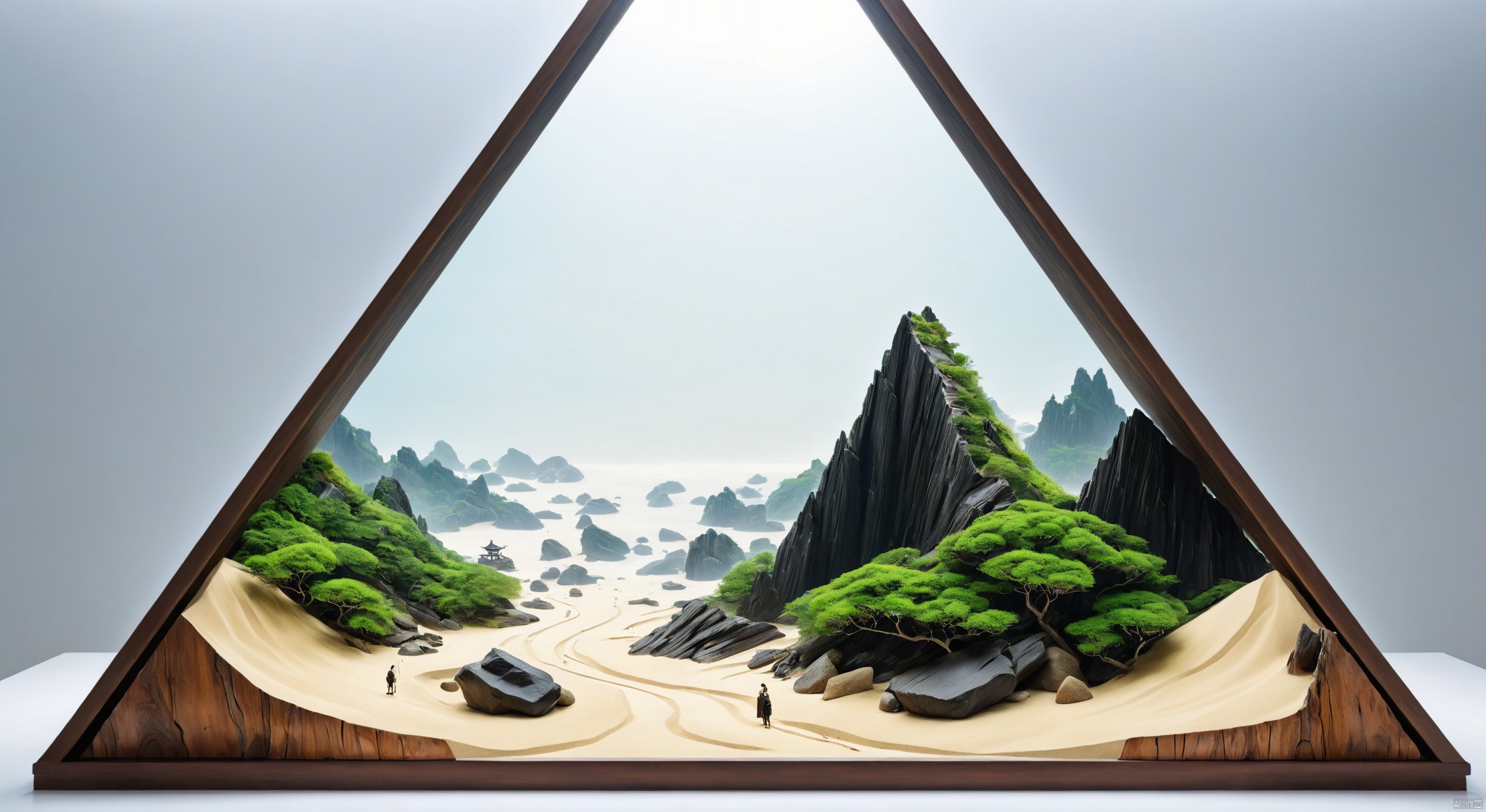  Micro landscape,the foreground is sand, the middle scene is a combination of rock and sunken wood perspective proportion of the landscape, rich in layers, the far view is a distant and invisiblemystery, triangular composition, beautiful scene, by yuan jiang, iddern minimalist: Detailed: reach the top Yuasily, ji Haifesch, by Yi na