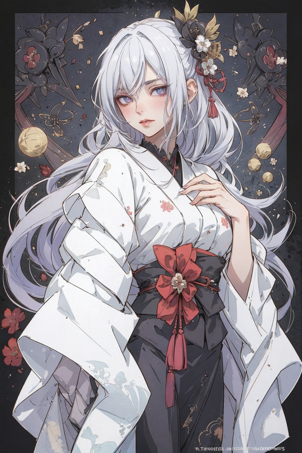 Envision a fusion of traditional Japanese aesthetics and Gothic Lolita fashion,  where elegant kimono silhouettes intertwi...