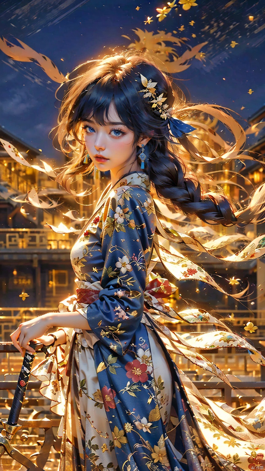  1 girl, solo, (upper body) female focal point, (Hanfu) (kimono) (skirt), blue long hair, (Chinese clothing) (blue eyes) (bright pictures) red lips, bangs, earrings, kimono, Chinese cardigan, print, tassels, (front view) (front view), sword (straight sword)
Elemental Whirlwind, Chinese Dragon_ Imagination__ Cloud winding_ Huoyun_ Dragon, Chinese architecture.
(Masterpiece), (very detailed CG Unity 8K wallpaper), the best quality, high-resolution illustrations, stunning, highlights, (best lighting, best shadows, a very exquisite and beautiful), (enhanced)·