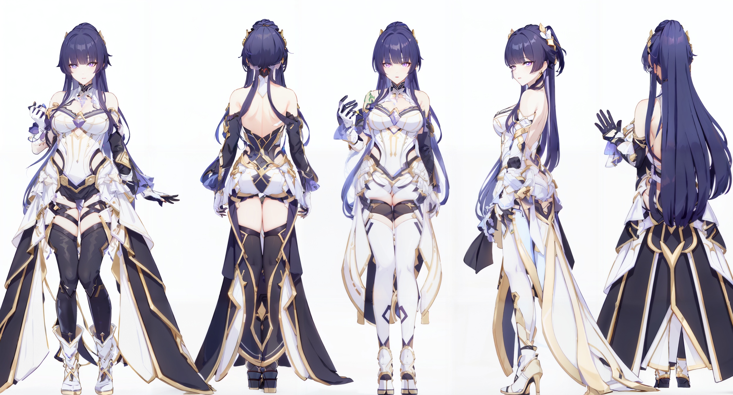 8k, best quality, masterpiece, (ultra-detailed:1.1), (high detailed skin),<lora:shiyuan-v100:0.7:lbw=OUTALL>, shiyuan, 1girl, gloves, purple eyes, long hair, black gloves, bangs, bare shoulders, purple hair, gloves, hair ornament, ponytail,full body, <lora:renshe-v100:0.7:lbw=MIDD>, clothesviews, Different clothes, Dress-up display, multiple views, full body, back,from side,white background, simple background, 