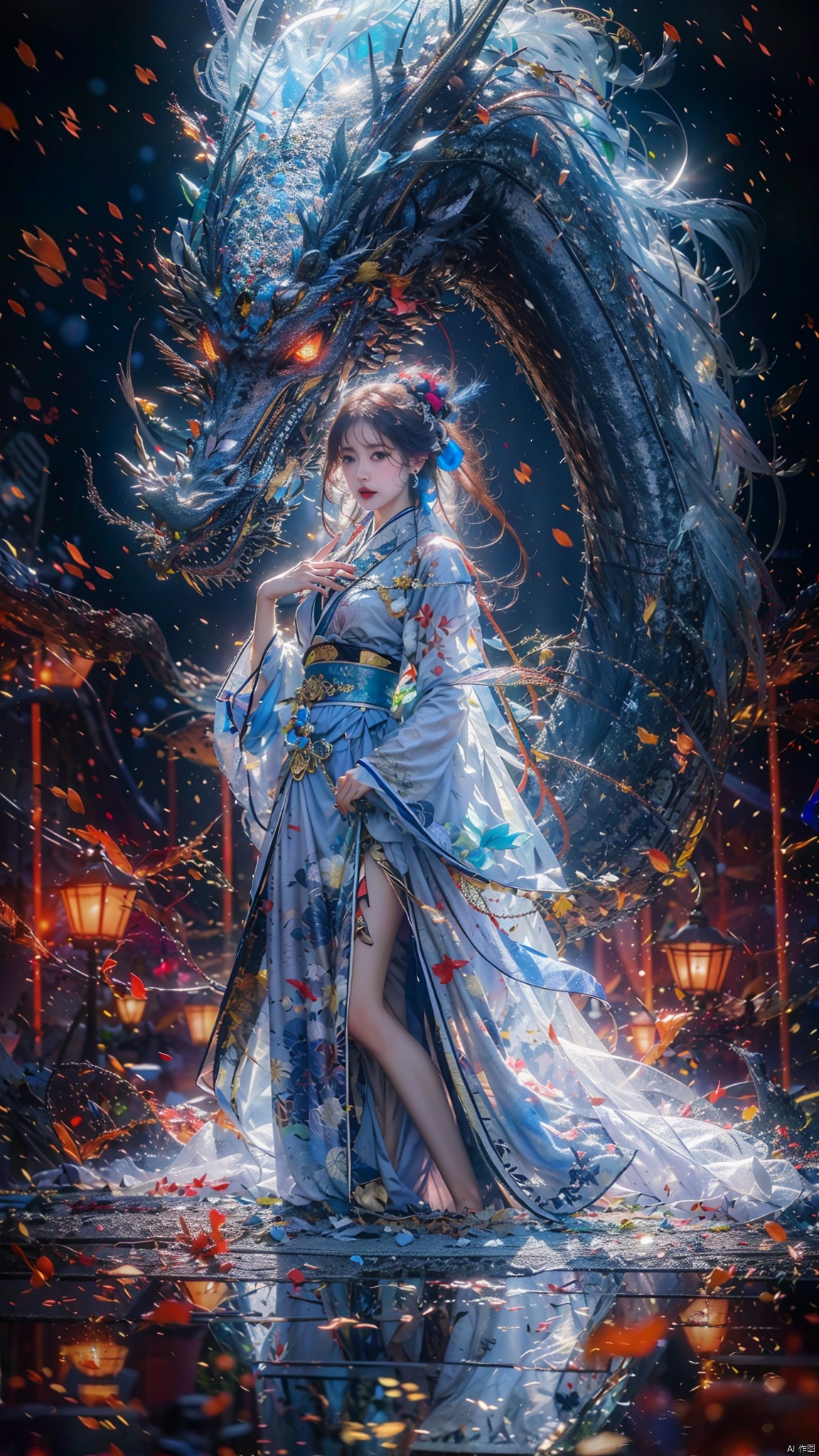  1 girl, holding a Japanese sword, not looking at the camera, three-dimensional facial features, Asian face, bangs, long hair, solo, blue eyes, holding, glow, robot, mecha, science fiction, open_ Hand, movie lighting, strong contrast, high level of detail, best quality, masterpiece, spirit, crystal_ Dress, crystal, with white, blue, and silver as the main color tones Kimono, Hanfu, clouds, with a background of an Eastern dragon (with high-precision details).