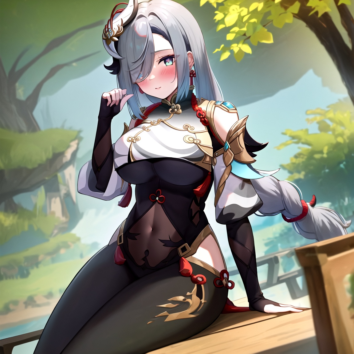 shenhe,genshin impact,1girl,shenhe \(genshin impact\),solo,long hair,bird,blue eyes,breast curtain,hair ornament,sitting,bodysuit,gloves,tassel,hip vent,looking at viewer,braid,hair over one eye,outdoors,black bodysuit,blush,bangs,braided ponytail,grey hair,covered navel,clothing cutout,<lora:原神申鹤40_v20:1>,, masterpiece, best quality