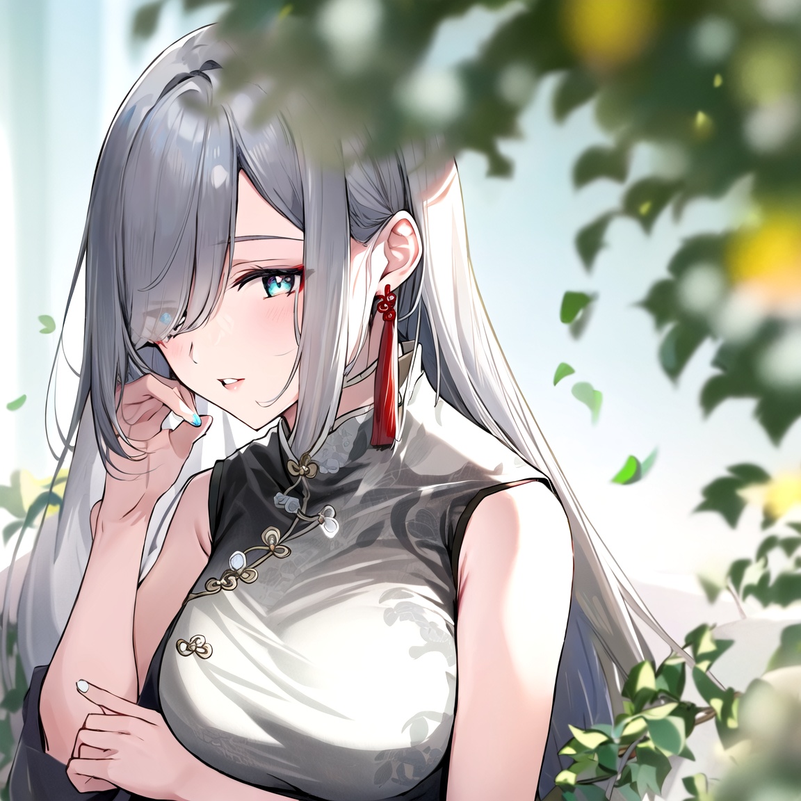 shenhe, genshin impact, 1girl, solo, long hair, holding, hand fan, shenhe \(genshin impact\), dress, breasts, parted lips, holding fan, blurry, chinese clothes, tassel, sitting, china dress, blue eyes, large breasts, sleeveless, white dress, grey hair, depth of field, alternate costume, sleeveless dress, tassel earrings, bangs, hair over one eye, bare shoulders, flower,<lora:原神申鹤40_v20:1>,, masterpiece, best quality