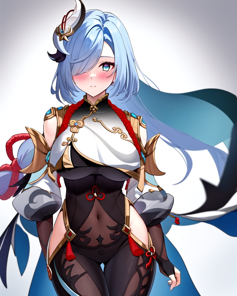 shenhe,genshin impact,1girl,solo,shenhe \(genshin impact\),breast curtain,covered navel,hip vent,long hair,breasts,bodysuit,looking at viewer,hair ornament,blue eyes,blush,holding,cowboy shot,clothing cutout,bangs,closed mouth,blue hair,gloves,shoulder cutout,braid,hair over one eye,very long hair,<lora:原神申鹤40_v20:1>,, masterpiece, best quality