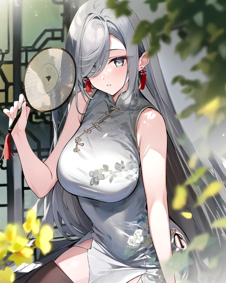 shenhe, genshin impact, 1girl, solo, long hair, holding, hand fan, shenhe \(genshin impact\), dress, breasts, parted lips, holding fan, blurry, chinese clothes, tassel, sitting, china dress, blue eyes, large breasts, sleeveless, white dress, grey hair, depth of field, alternate costume, sleeveless dress, tassel earrings, bangs, hair over one eye, bare shoulders, flower,<lora:原神申鹤40_v20:1>,, masterpiece, best quality