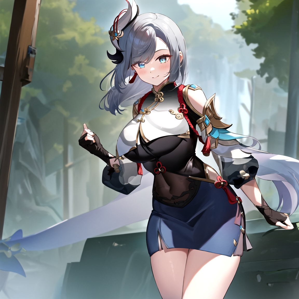 shenhe,genshin impact,1girl,shenhe \(genshin impact\),hip vent,solo,long hair,looking at viewer,blue eyes,breasts,large breasts,grey hair,breast curtain,from side,hair ornament,smile,gloves,closed mouth,braided ponytail,partially fingerless gloves,bangs,shoulder cutout,tassel,skirt,<lora:原神申鹤40_v20:1>,, masterpiece, best quality