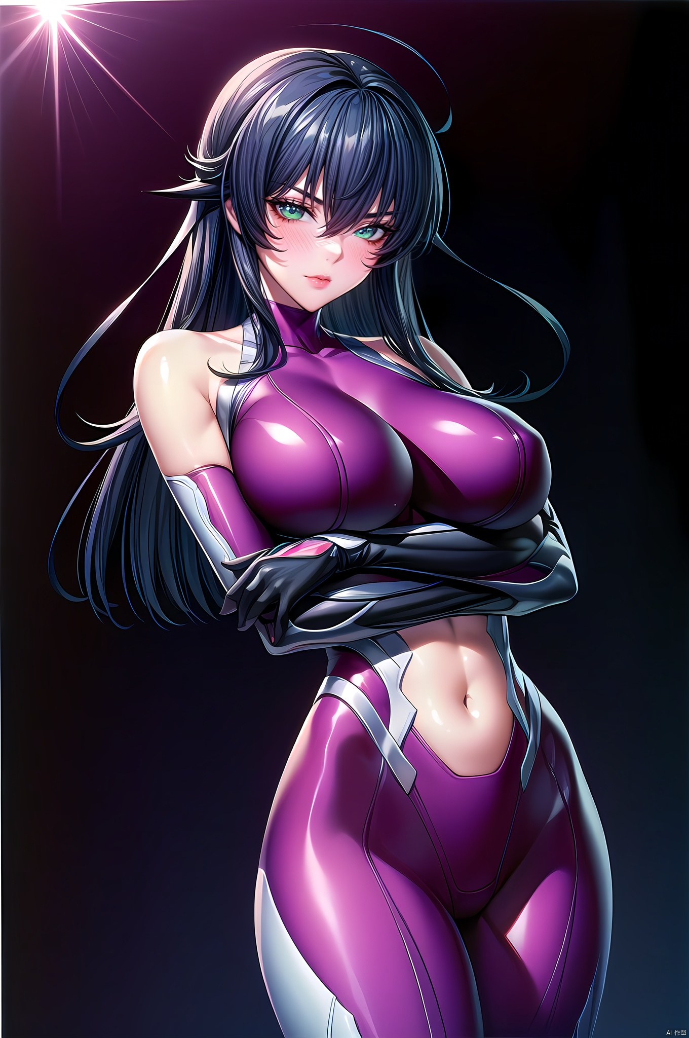 Asagi, 1girl, solo, breasts, long hair, purple bodysuit, bodysuit, blush, green eyes, crossed arms, large breasts, skin tight, elbow gloves, blue hair, looking at viewer, bare shoulders, covered navel, standing, black background, bangs, katana, impossible clothes, breast hold, shiny clothes, black hair, nice hands, Beautiful long legs,  Beautiful body,  Beautiful character design, perfect balance,  looking at viewer,  closed mouth,  official art,  extremely detailed CG unity 8k wallpaper,  perfect lighting,  Colorful,  White skin,  (masterpiece:1),  (best_quality:1),  ultra high res,  4K,  ultra-detailed,  photography,  8K,  HDR,  highres,  absurdres:1.2,  Kodak portra 400,  film grain,  blurry background,  bokeh:1.2,  lens flare,  (vibrant_color:1.2),  professional photograph,  (beautiful_face:1.5),  (narrow_waist),  dark studio, , Asagi