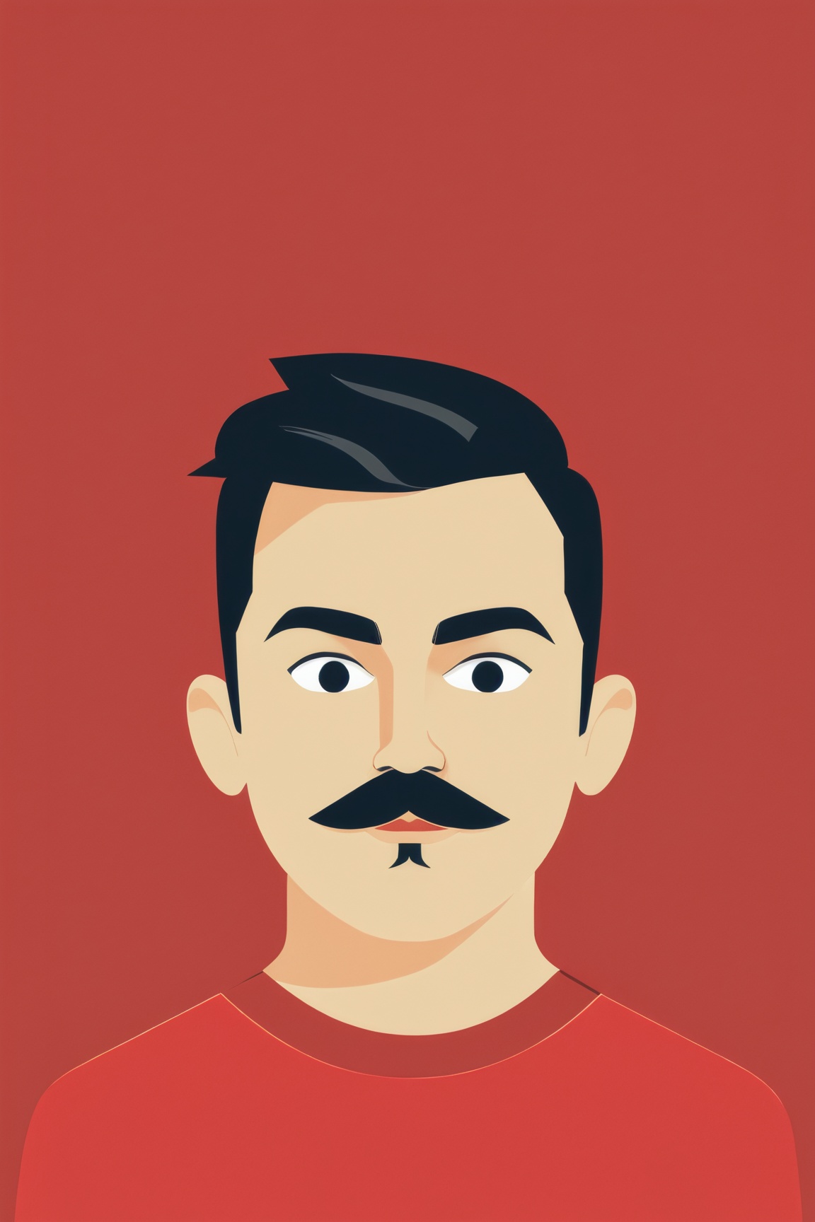 AiArtV,  Flat Illustration,  Vector Illustration,  solo, looking at viewer, short hair, simple background, shirt, black hair, 1boy, white background, upper body, male focus, black eyes, facial hair, thick eyebrows, red shirt, mustache,<lora:EMS-259705-EMS:0.800000>