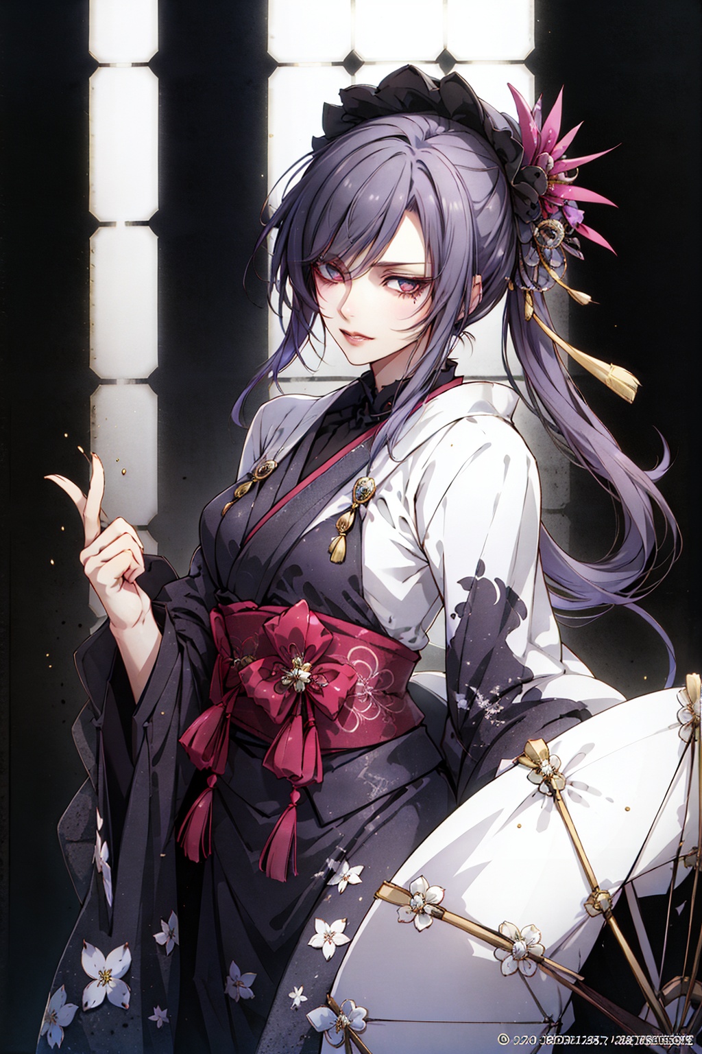Envision a fusion of traditional Japanese aesthetics and Gothic Lolita fashion,  where elegant kimono silhouettes intertwi...