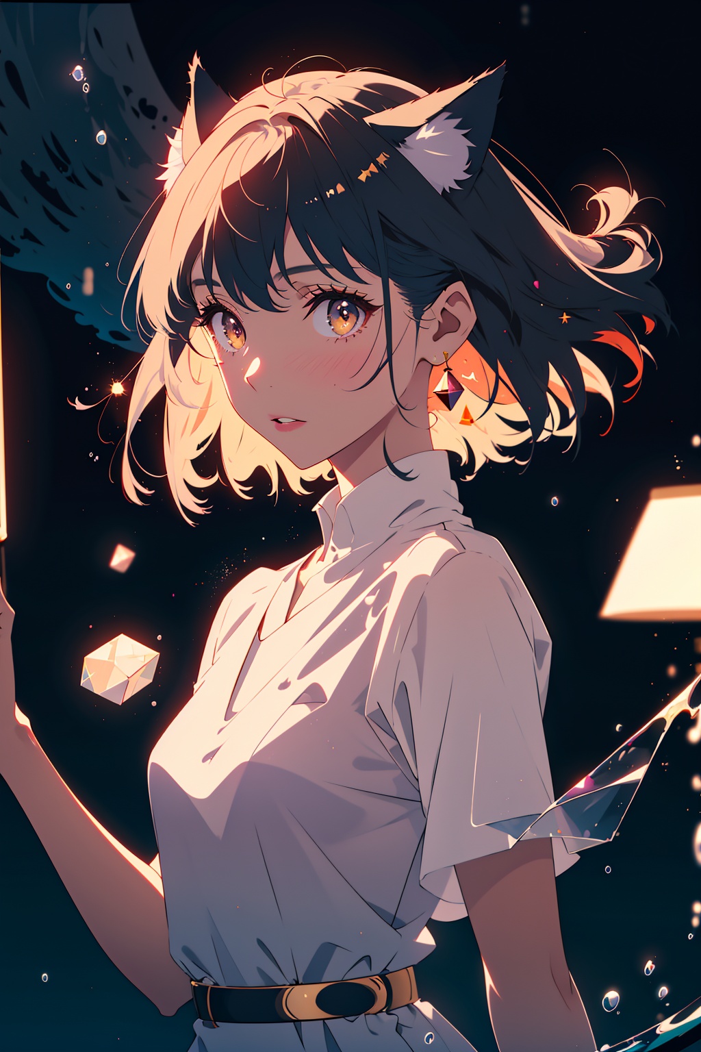 mythical doorway,1girl,(upper body:0.9),(gold eyes),inter-dimensional,witnessing greatness,mature female,spontaneous,deepness,(white ambience),creative,(silhouette:1.4),portrait,cosmic,(white dress),luxury,gold trim,effortless,wise,true,dark theme,darkness,righteousness,dark reflective water,ethereal,13,highest quality,best shadow,immaculate infrared,(ultra-violet),glass,(plants),bioluminescence,(planetary:0.8),light map,depth map,medium hair,floating hair,(particle dust),cinematic,(wolf ears),fluff,(maroon background:1.2),More Detail,dreamwave,High detailed 
