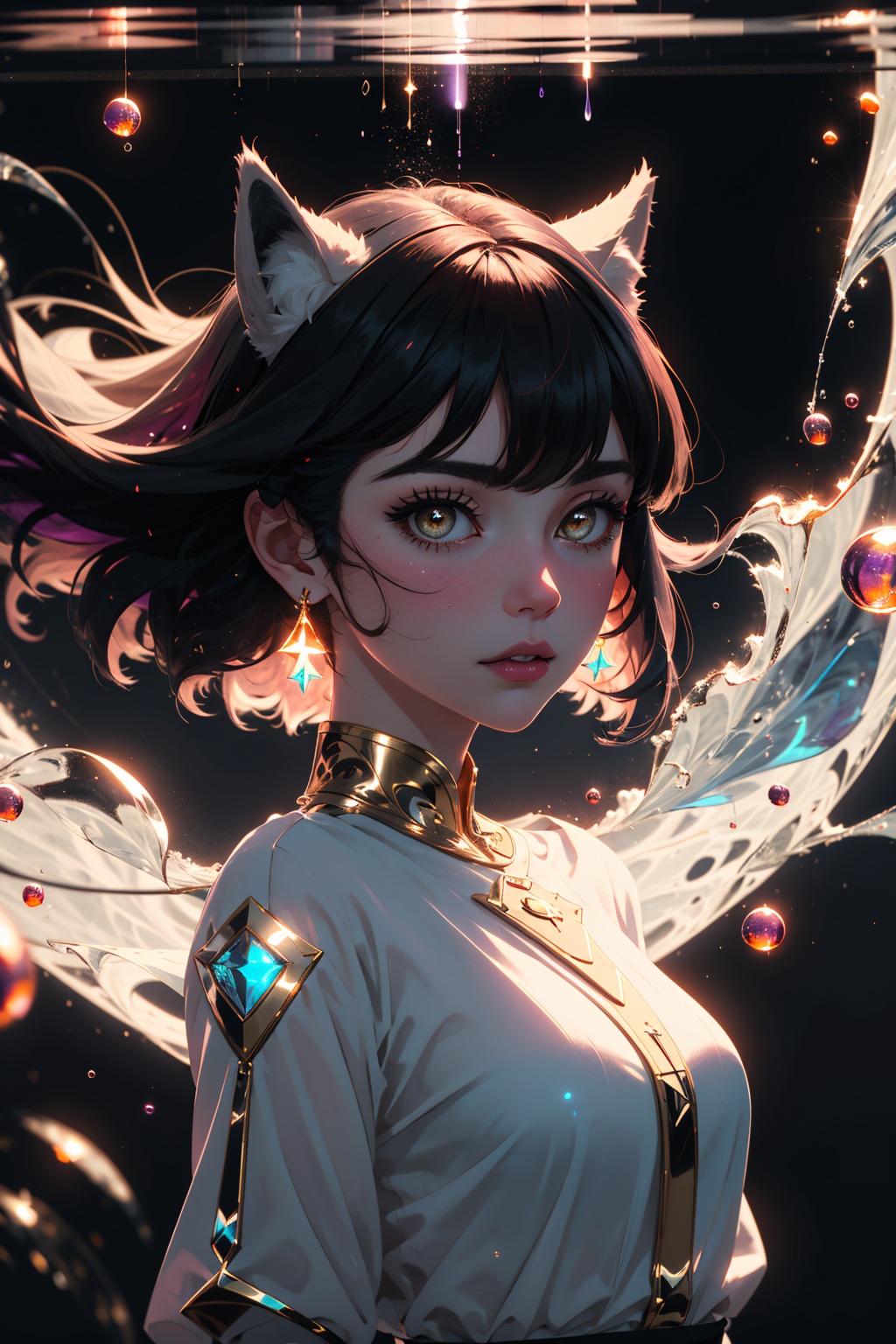 mythical doorway,1girl,(upper body:0.9),(gold eyes),inter-dimensional,witnessing greatness,mature female,spontaneous,deepness,(white ambience),creative,(silhouette:1.4),portrait,cosmic,(white dress),luxury,gold trim,effortless,wise,true,dark theme,darkness,righteousness,dark reflective water,ethereal,13,highest quality,best shadow,immaculate infrared,(ultra-violet),glass,(plants),bioluminescence,(planetary:0.8),light map,depth map,medium hair,floating hair,(particle dust),cinematic,(wolf ears),fluff,(maroon background:1.2),More Detail,dreamwave,High detailed 