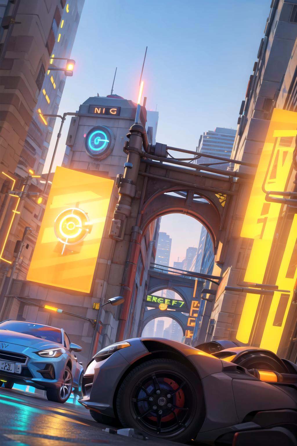 city,  neon lights,  cars on Tensor.Art