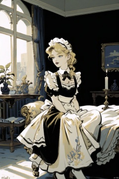  masterpiece,highres,1girl,solo,blonde, maid,indoors,