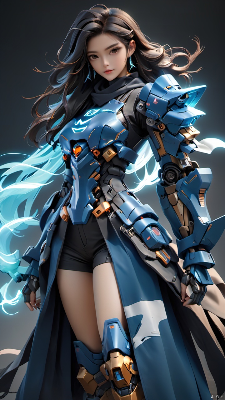 Dark simple background (fantasy ancient style mecha style: 1.2) an ancient style girl, (ultra-realistic thick paint strokes) (simple structural details) action posture (light painting mecha ancient style flavor: 1.5), ancient style transparent trenchcoat, cleverly blending ancient style armor design with the mysterious beauty of the future mecha.