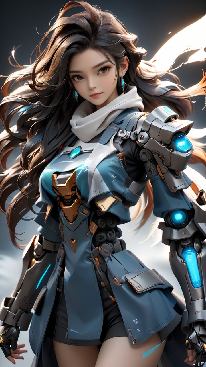 Dark simple background (fantasy ancient style mecha style: 1.2) an ancient style girl, (ultra-realistic thick paint strokes) (simple structural details) action posture (light painting mecha ancient style flavor: 1.5), ancient style transparent trenchcoat, cleverly blending ancient style armor design with the mysterious beauty of the future mecha.