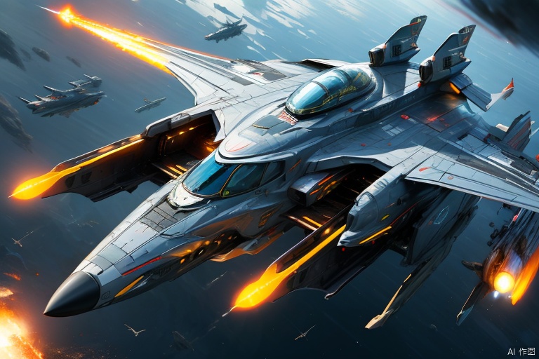  aircraft  battle  cloud  cloudy sky  condensation trail  dirty  explosion  fighter jet  firing  flying  horizon  jet  mecha  military vehicle  missile  no humans  ocean  planet  realistic  science fiction  ship  space  space craft  war  watercraft  weapon