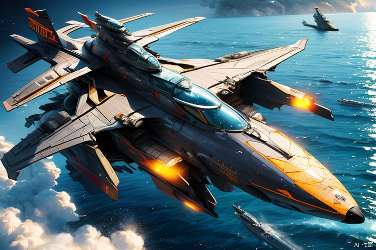  aircraft  battle  cloud  cloudy sky  condensation trail  dirty  explosion  fighter jet  firing  flying  horizon  jet  mecha  military vehicle  missile  no humans  ocean  planet  realistic  science fiction  ship  space  space craft  war  watercraft  weapon