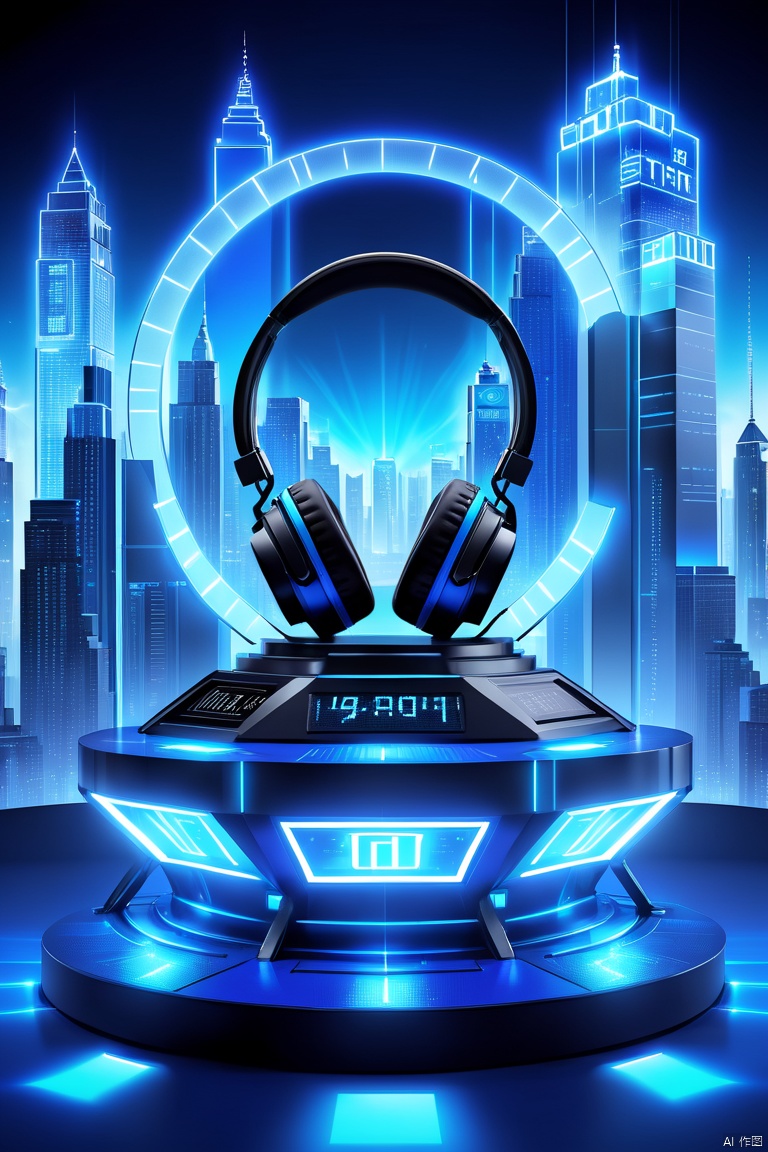 very aesthetic,podium,headset in the center of podium,blue theme,high tech sence,light,glowing,super realistic,building,tower,clock,city background
