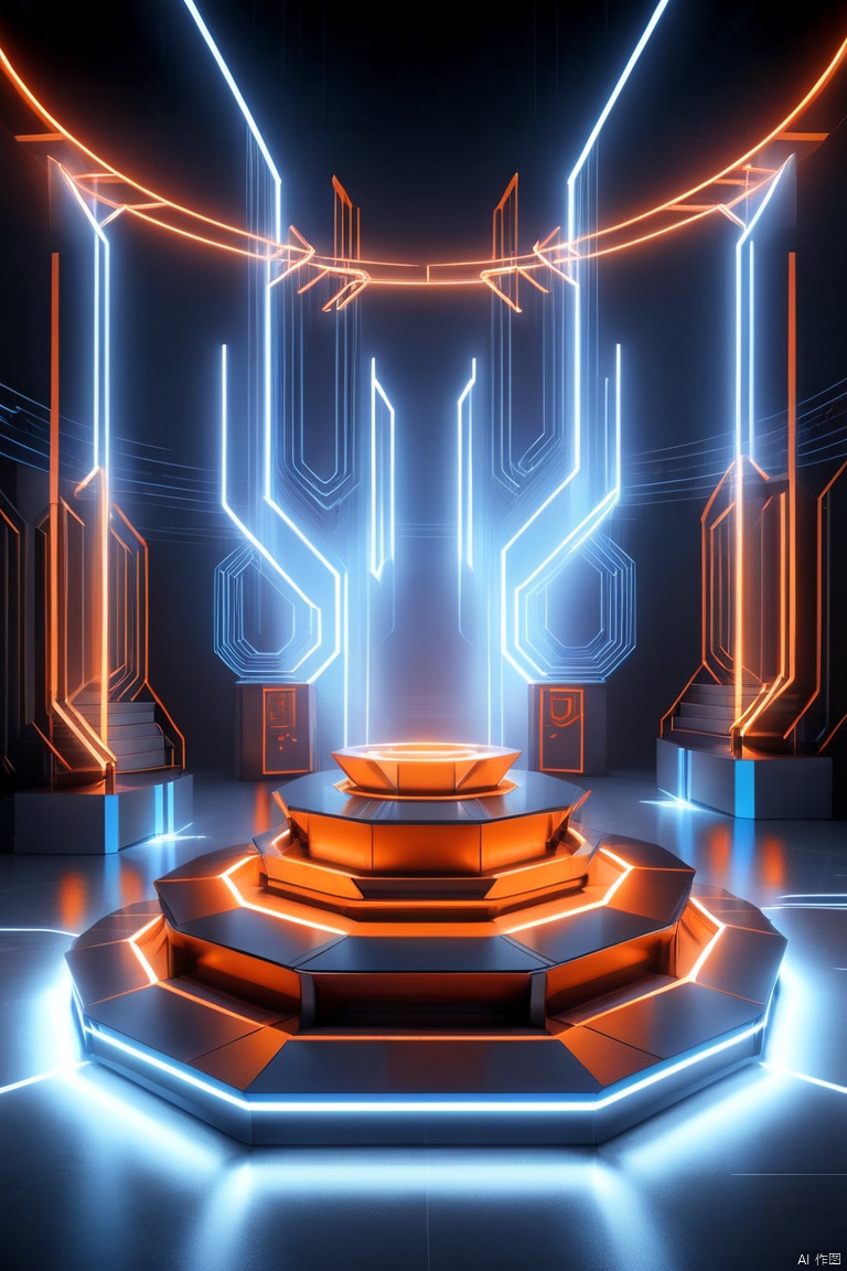  saibofeng,very aesthetic,podium,orangeshoes in the center of podium,high tech sence,light,glowing,abstract symbol,abstract llines,electricity lighting,