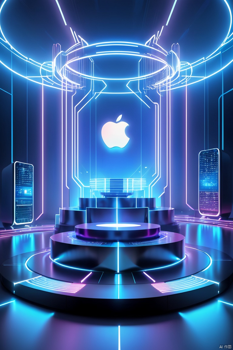  saibofeng,very aesthetic,podium,apple computer in the center of podium,high tech sence,light,glowing,abstract symbol,abstract llines,texts,emoijs,electricity lighting,