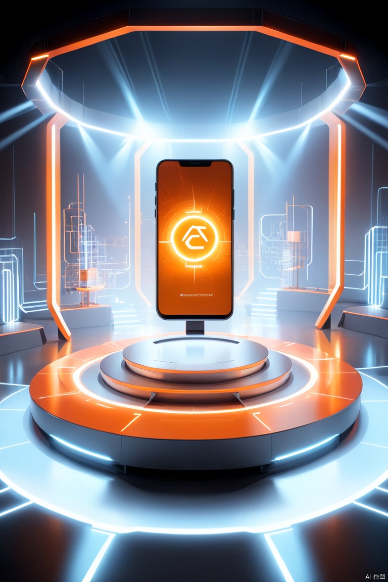  saibofeng,very aesthetic,podium,a large cellphone in the center of podium,orange theme,high tech sence,light,glowing,abstract symbol,abstract llines,texts,emoijs,electricity lighting,