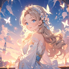  (((masterpiece))), ((best quality)), ((intricate detailed)),(\shen ming shao nv\), glowing butterfly, 1girl,from left side, long hair, blonde hair, white dress,Upper body to thighs, watery eyes,delicate detailed eyes,long hair,black hair mange style,long sleeve,flower headband,4k,8k,round eyes,round pupil,happy,colourful,fantasy magical,complex hair detail,happy,texture on clothings, girl, (\shen ming shao nv\)