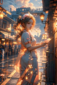  (best quality), ((masterpiece)), (highres),standing,original, extremely detailed wallpaper, (an extremely delicate and beautiful),(loli),(petite),loose clothes,Pink hair,Yellow eyes,high ponytail,hair flower,fipped hair,floating hair,(solo),street,city,focused,solo, (\shen ming shao nv\), (\huo yan shao nv\), Trainee Nurse