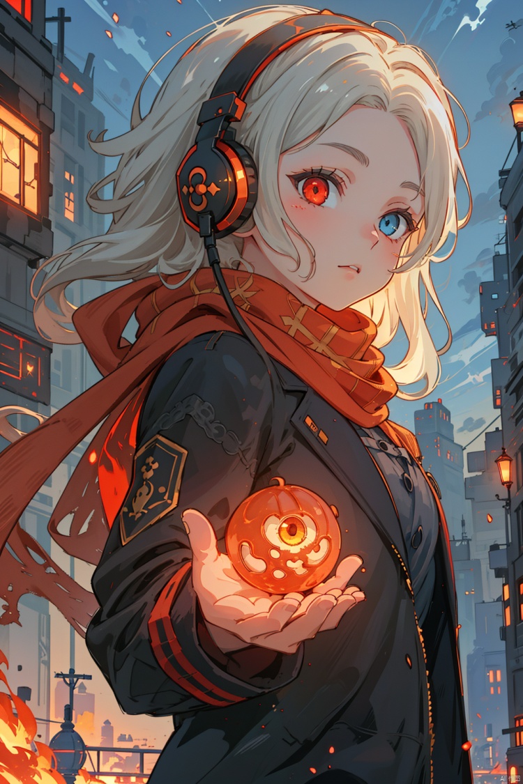  1girl, black_jacket, cityscape, grey_eyes, grey_hair, hair_ornament, headgear, headphones, heterochromia, jacket, long_sleeves, red_eyes, red_scarf, scarf, solo, (\shen ming shao nv\), (\huo yan shao nv\)