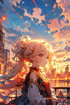  (best quality), ((masterpiece)), (highres),standing,original, extremely detailed wallpaper, (an extremely delicate and beautiful),(loli),(petite),loose clothes,Pink hair,Yellow eyes,high ponytail,hair flower,fipped hair,floating hair,(solo),street,city,focused,solo, (\shen ming shao nv\), (\huo yan shao nv\)