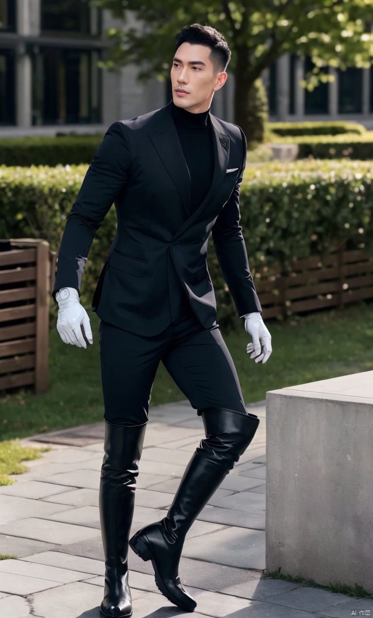  1man,asian,exquisite facial features,handsome,tall,male focus,aria_company_uniform,(black knee_boots),gloves,armband,muscular,full body,dynamic pose,(masterpiece, realistic, Realism, best quality, highly detailed, 8K Ultra HD, sharp focus, profession),soft lighting,blurry,outdoors,Dynamic angle,1man