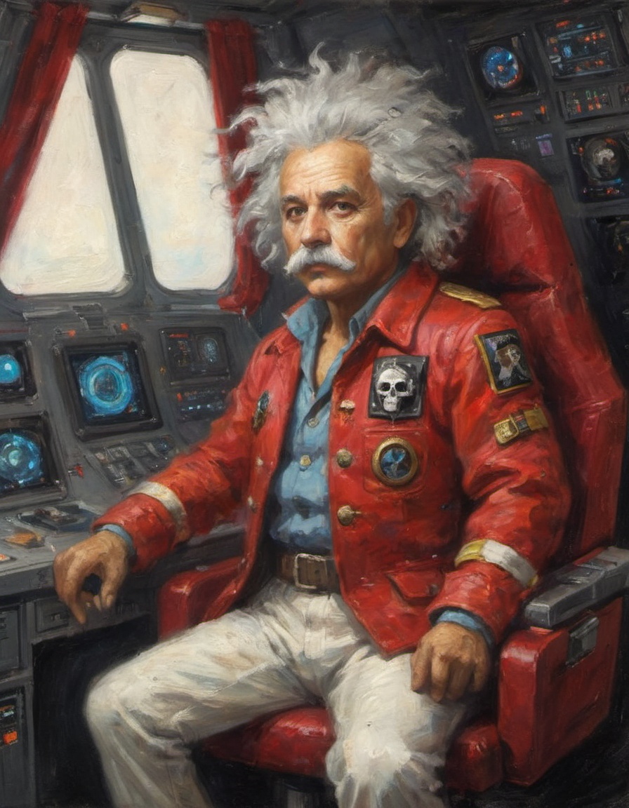 space pirate with a tie-dyed space suit and a red pirates jacket Einstein-like hair in his captain's chair aboard a space...