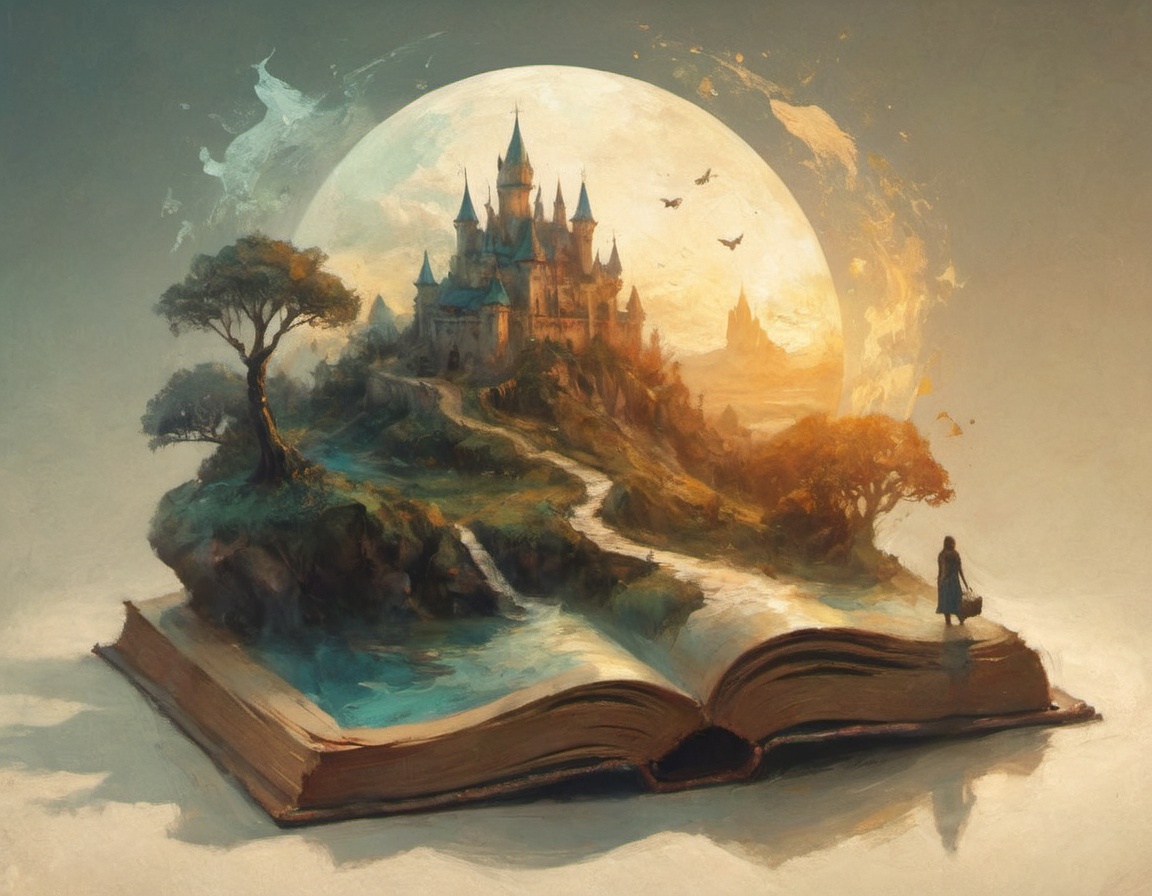 Hyperreal digital art style "Fairytale" fantasy world coming out of centered book open book double exposure fantasy illust...