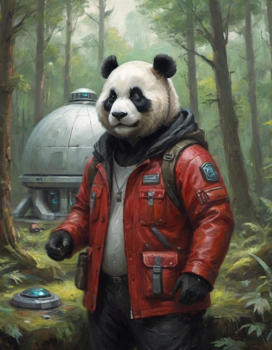 a panda scientist wearing a leather red jacket in a forest in front of his sci-fi research dome on Tensor.Art