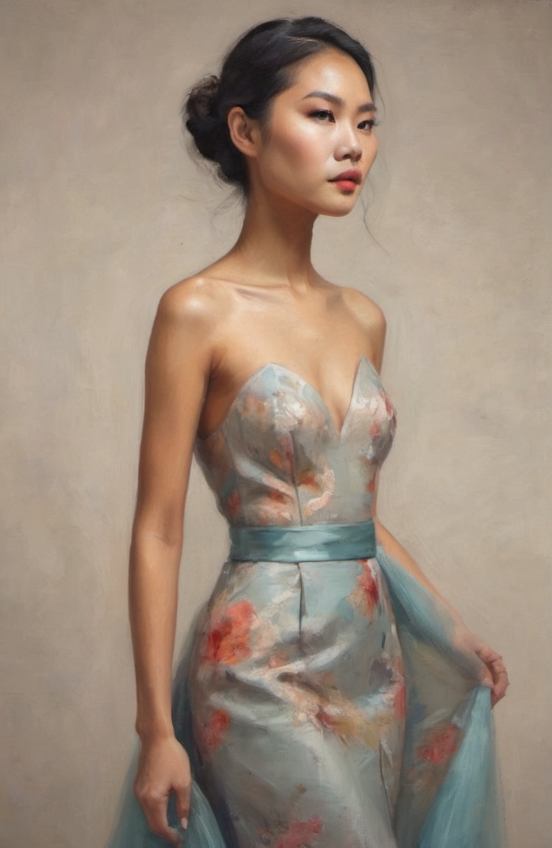bright portrait of a beautiful Asian model in haute couture gown with simplified bright background on Tensor.Art