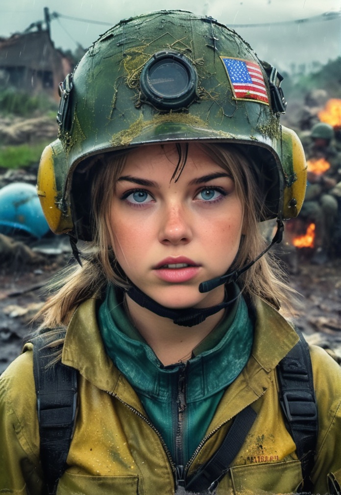 Young girl vaultgirl Soldier,  post apocalypse,  wearing vaultsuit and a USA vietnam era helmet on Tensor.Art