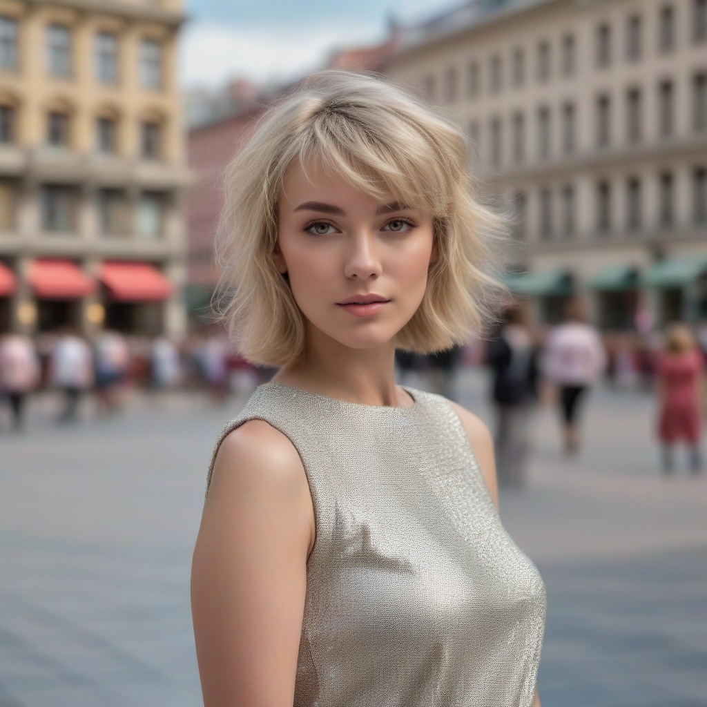 woman_nr1 with a full body in the photo. Short blonde hair with bangs. City square background,  lifelike,  highly detailed...