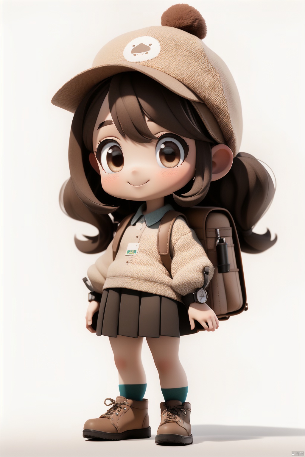 Solo, 1 girl, female focus, Tujia ethnic group, hat, short skirt, brown long hair, brown shoes, socks, watch, backpack, shirt, smile, bag, standing, brown eyes, whole body, watch, simple background, white socks, white background, silver, shadow, sleeves, headwear, alligator, cute, pet, (masterpiece: 1.2), best quality, high-level, extremely detailed CG, perfect lighting, 8k wallpaper,