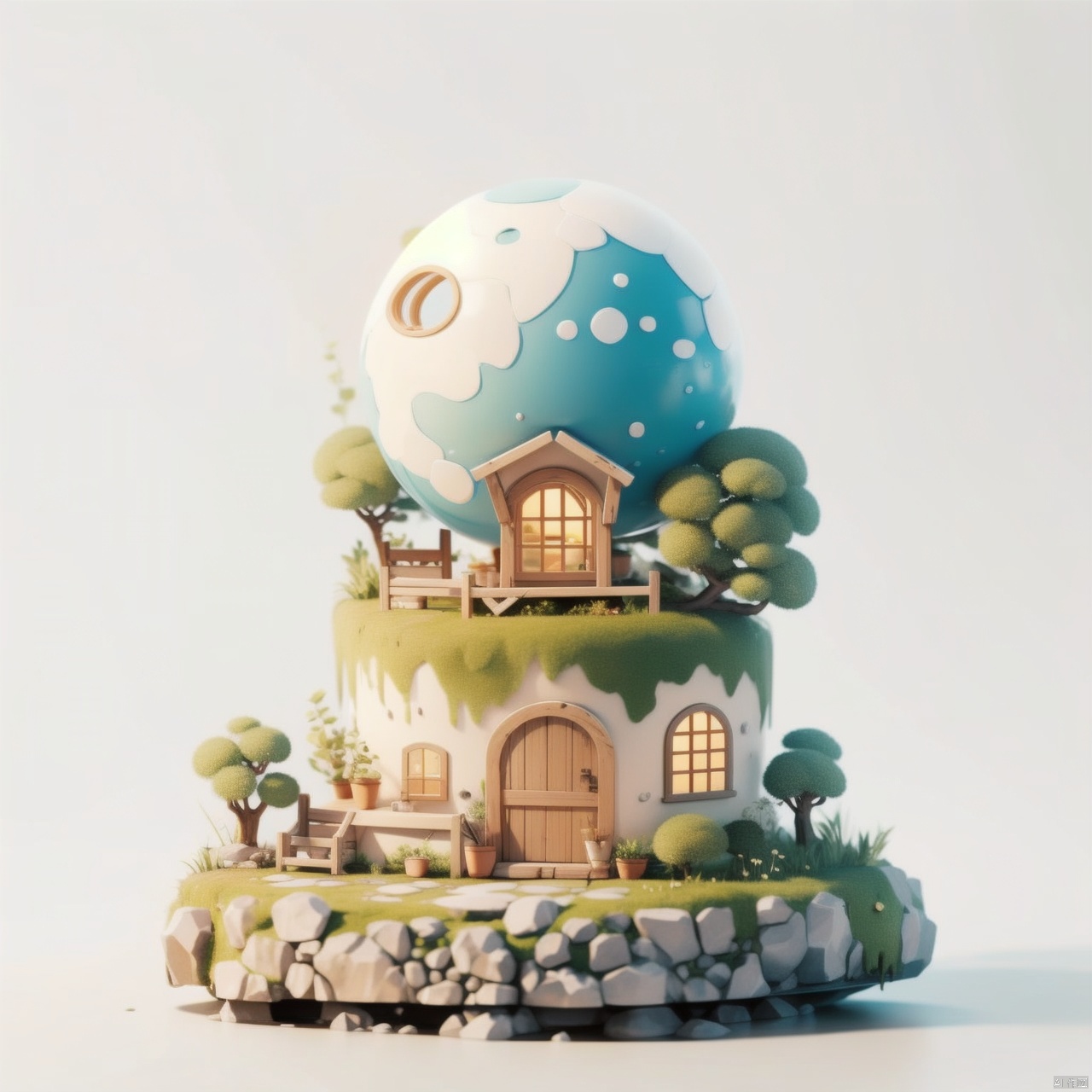 (best quality), (4k resolution), creative illustration of a miniature world on a white pedestal. The world is a green sphere with various natural and artificial elements. There is a river, trees, mountains, and a small house on the sphere. The image has a minimalist style with a light color palette that creates a contrast with the white background. The image gives a sense of wonder and curiosity about the tiny world and its inhabitants.,ff14bg,High detailed