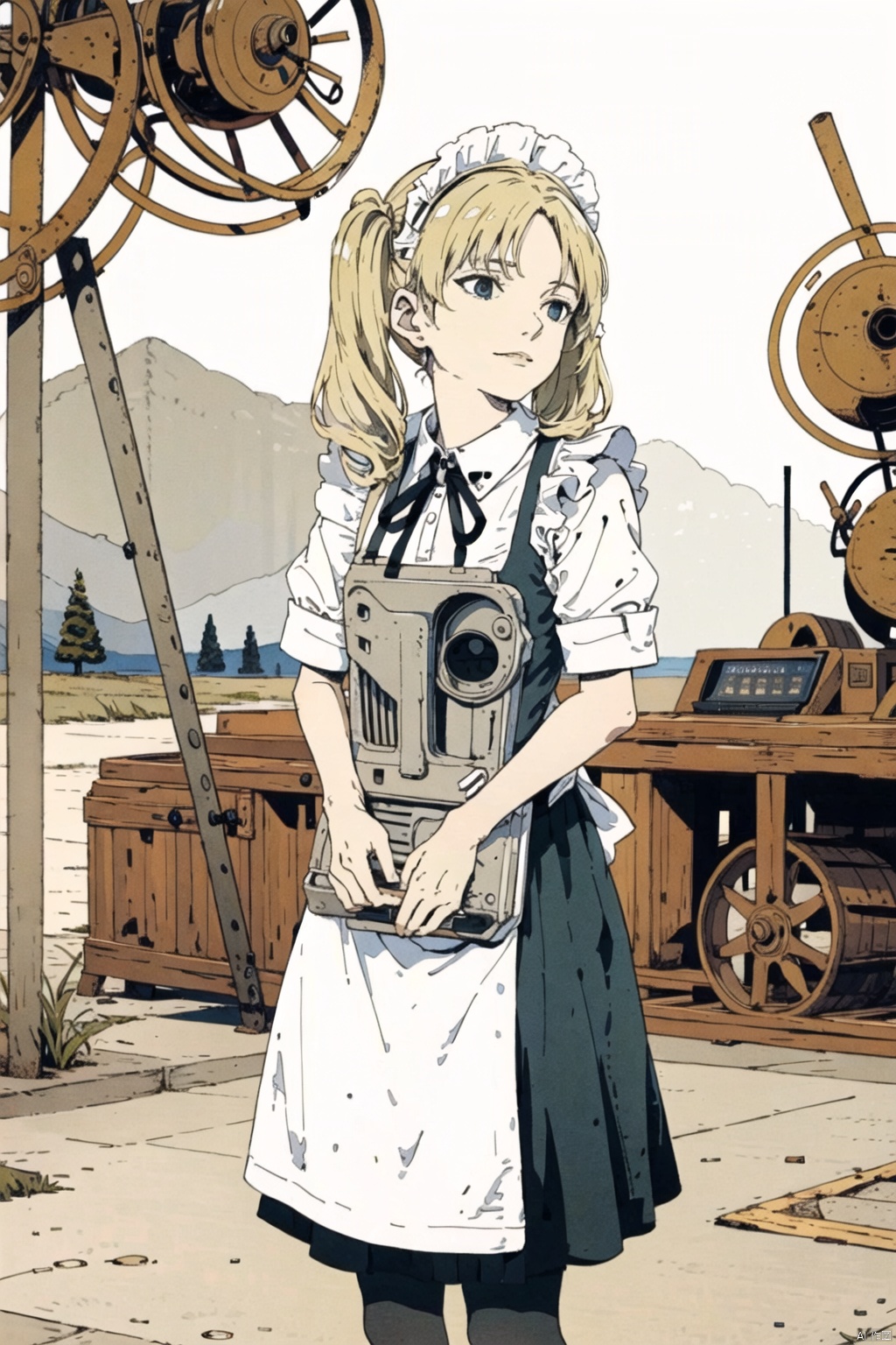  masterpiece,highres,1girl,twintails,solo,blonde, maid
outdoors,(obsolete machine:1.3),Tatsuyuki,solo, Matsumoto